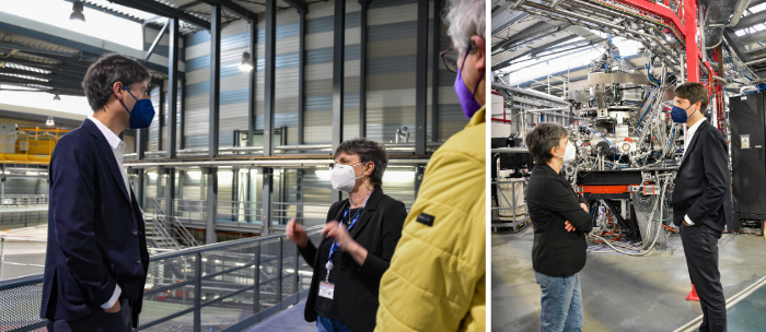 Jordi Solé and Caterina Biscari on the catwalk of the Experimental Hall (left) and in front of the BOREAS beamline (right) at the ALBA Synchrotron.