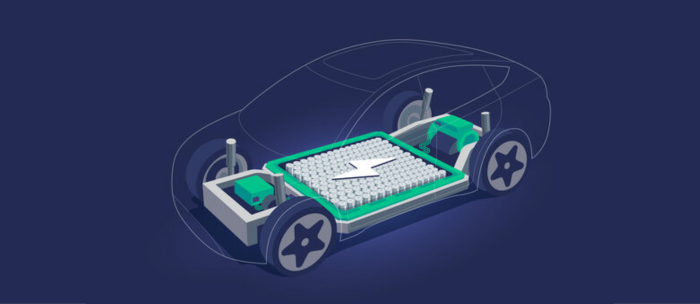 Electric car inside chassis with high energy battery cells pack modular platform. Skateboard module board. Vehicle components motor powertrain, controller with bodywork wheels. Vector illustration.